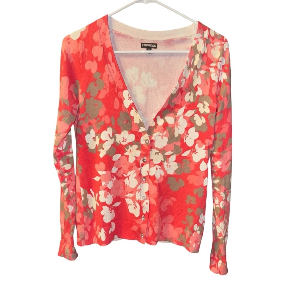 Express Women’s Cardigan Small Coral Floral Print Button Front Long Sleeve